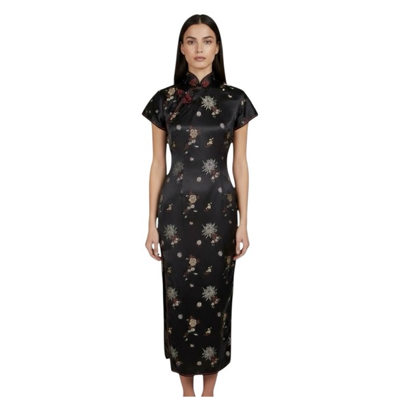 Vintage 90s SOLZ Squirrel Black Floral Satin Cheongsam Maxi Dress Size 34 Small